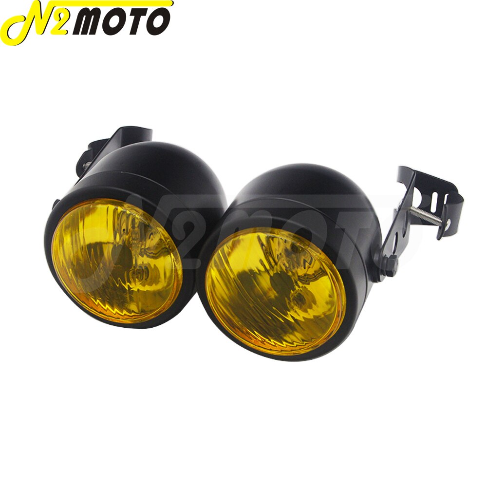 Chrome Amber Motorcycle Retro Twin Headlight Holder Fork Double Dual Head Lamp For Harley Dyna Bobber Chopper Cafe Racer Custom: C black amber