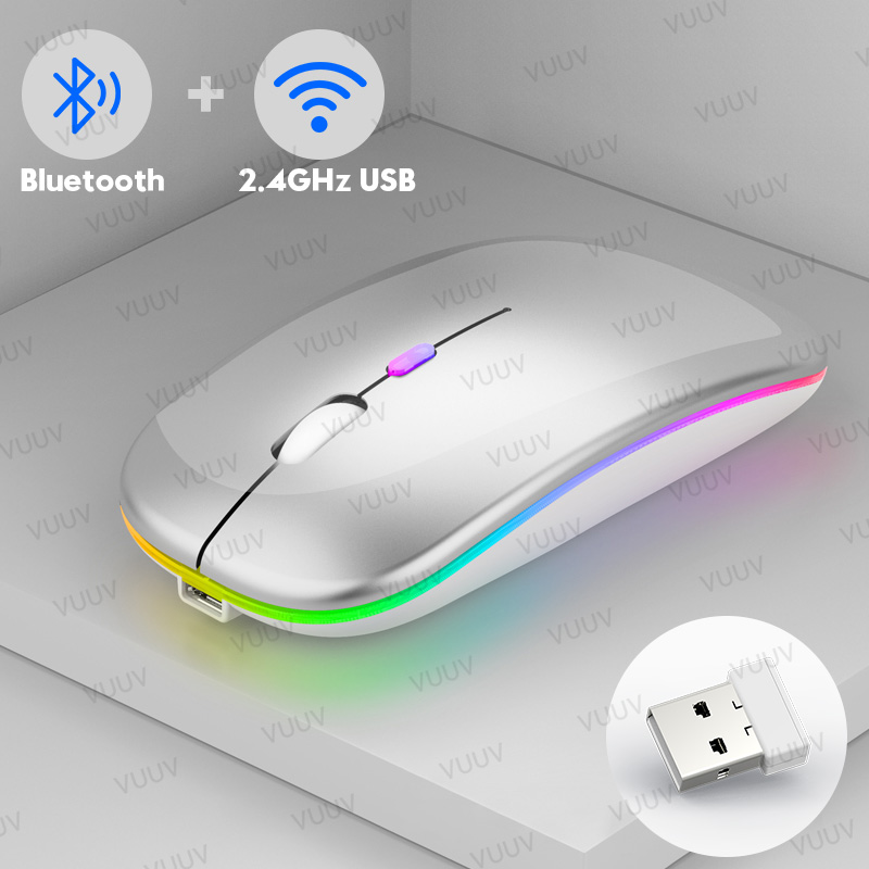 Bluetooth Wireless Mouse For Computer PC Laptop iPad Tablet MacBook With RGB Backlight Ergonomic Silent Rechargeable USB Mouse: Silver