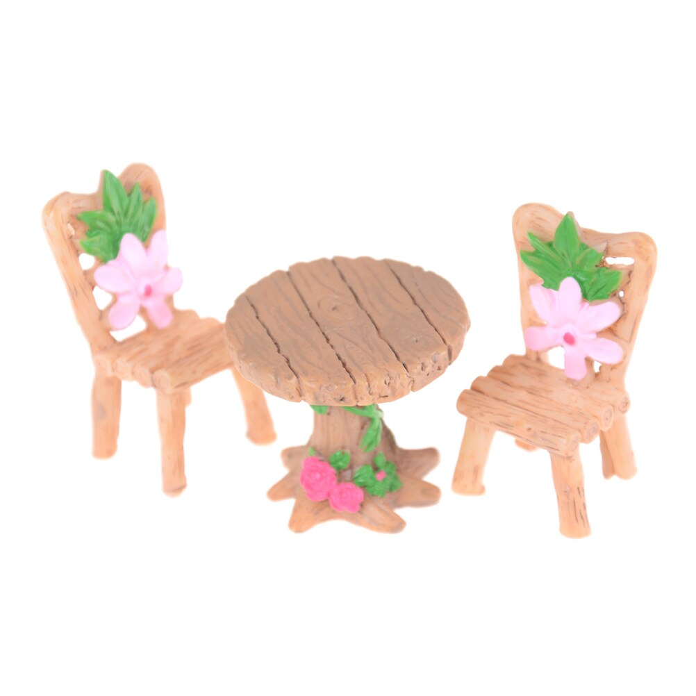 3 Stks/set Poppenhuis Decor Tafel En Stoel Fairy Garden Miniaturen Hars Hout Mini Bloem Terrarium Beeldjes Woonaccessoires