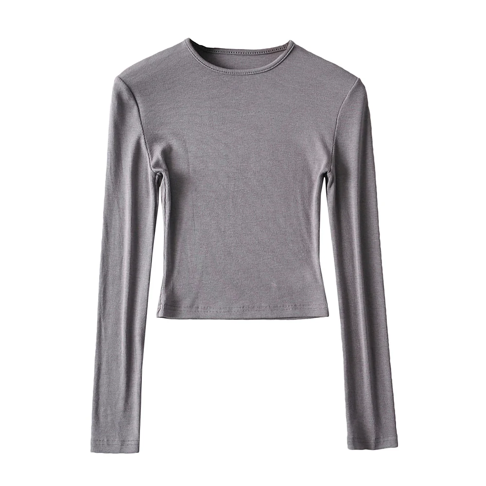 O-hals ensfarvede kvinder langærmede korte toppe sexet pullover bundbluser t-shirt crop top: M / Mørkegrå