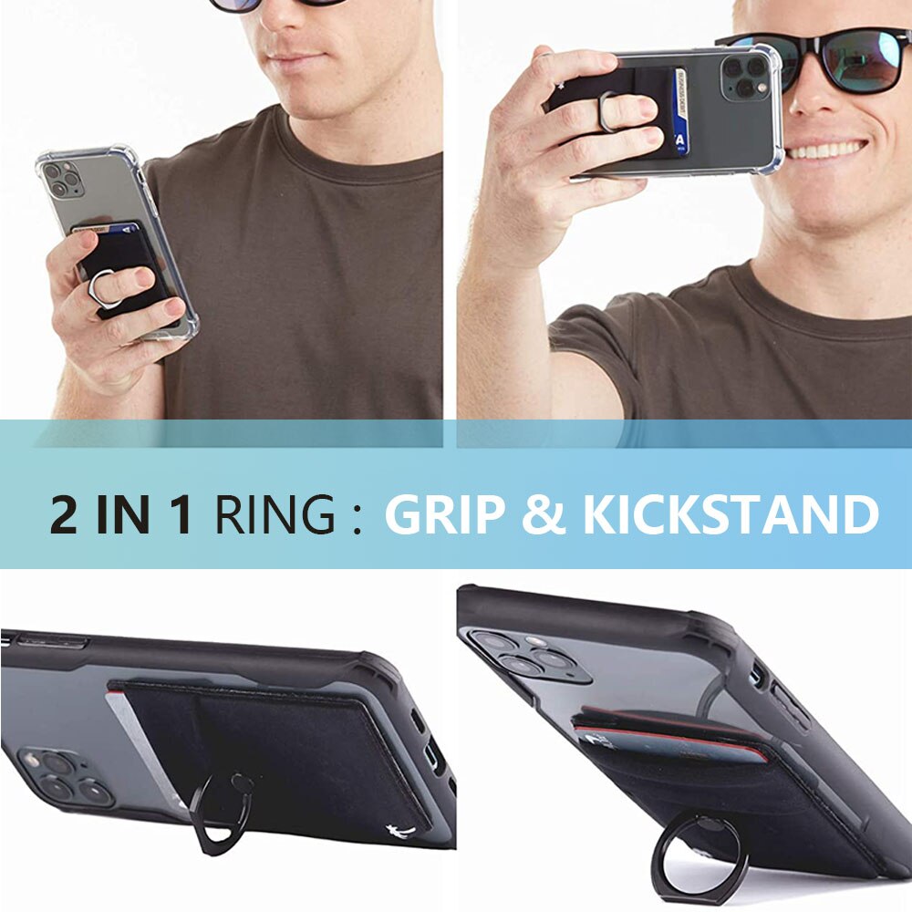 3-en-1 adhésif autocollant téléphone dos cartes Spandex anneau portefeuille téléphone portable porte-carte d'identité poignée de doigt béquille double poche #50
