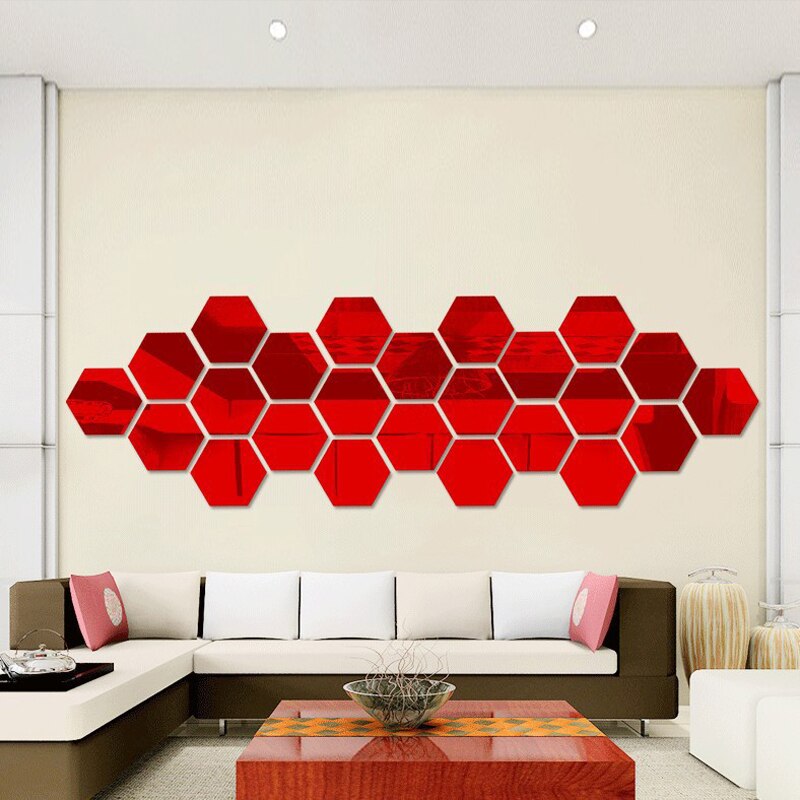 Pegatinas de pared de espejo 3D, hexagonales dorados y plateados, Espejos decorativos, adhesivos de adorno extraíbles para decoración para el hogar, suministros personalizables: Rojo