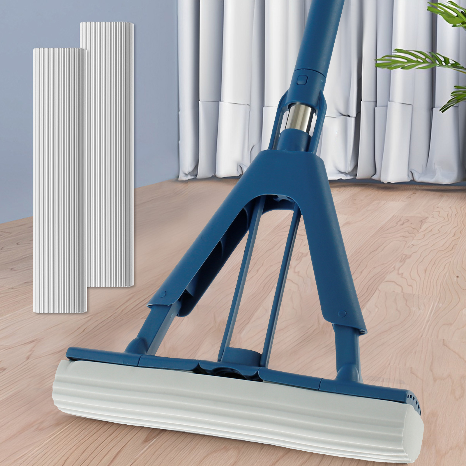Sponsmop Zelflozende reinigingsmop Absorberende rolschuimmop met 52 inch uitschuifbaar handvat en 2 sponskoppen voor hardhout: Blauw
