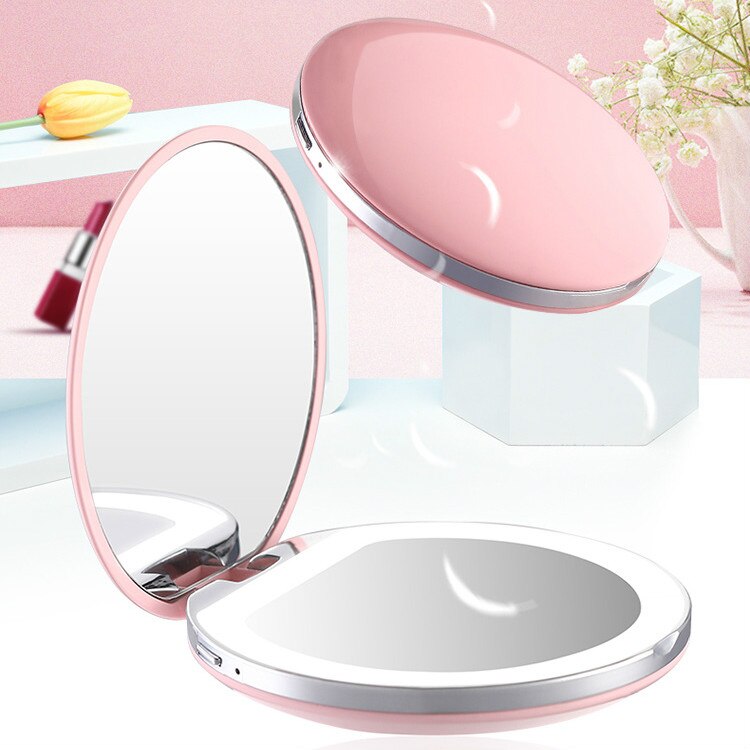 Kosmetisk mini bærbar lomme led makeup spejl med let genopladelig hånd kompakt 3x forstørrelse make-up folde skønhedsspejl