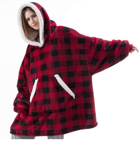 Frauen Übergroßen Hoodie Sweatshirt Winter Vlies Riesen TV Decke Mit Ärmeln Hoodies Sweatshirts Frauen Kleidung Moletom Feminino: rot Gitter