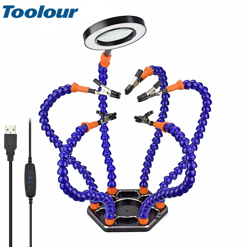 Toolour Helping Hands Third Arm Soldering Work Station 6 Flexible Arms with Precision 360 Degree Alligator Clip USB 3X Magnifier