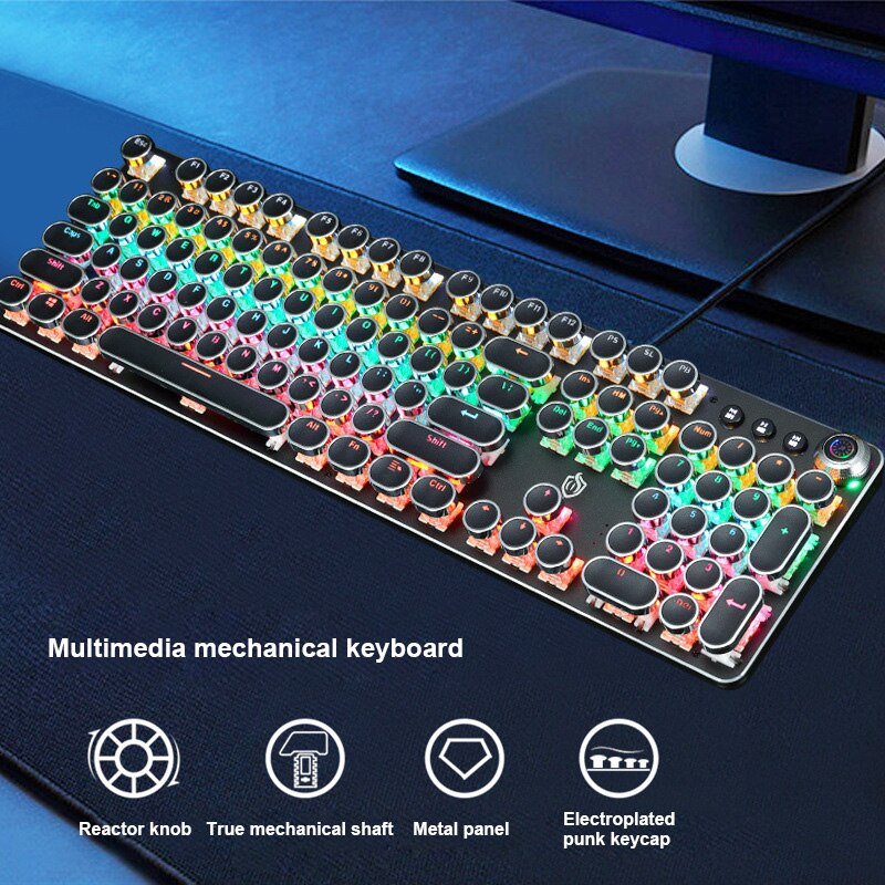 Mechanical Gaming Keyboard Retro Metal Glowing 104 Keys 36 Colorful Lighting Round Keycap Ergonomic Gaming Keyboard