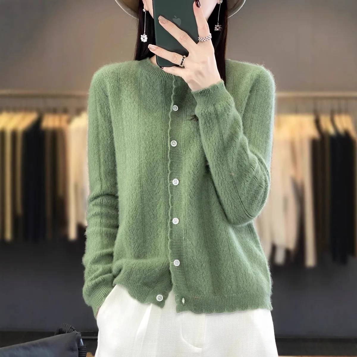 100% cárdigan abierto suelto de lana pura para mujer Otoño Invierno estilo ropa externa Top perezoso cuello redondo suéter de punto de manga larga