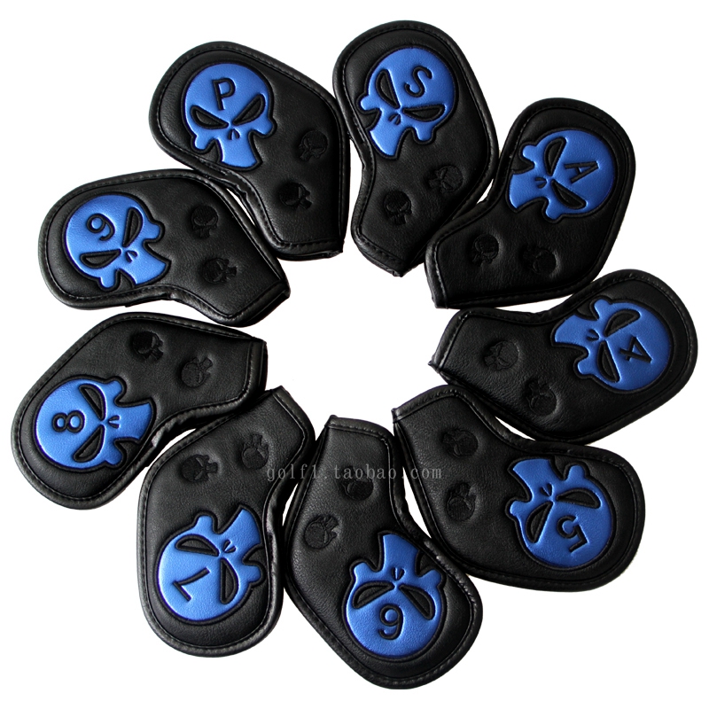 Waterdichte golfijzerhoezen, golfclubhoofdhoezen, ijzerbeschermers, geborduurd doodskopmotief van pu.