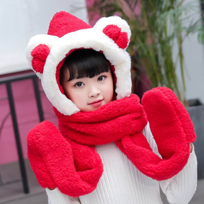 Foux Bomber Hats Women Kids Parent Child Winter Bear Ears Russian Cap Scarf Neck Gloves Snow Warm Baby Boy Girl Ushanka Trooper: Kid Red