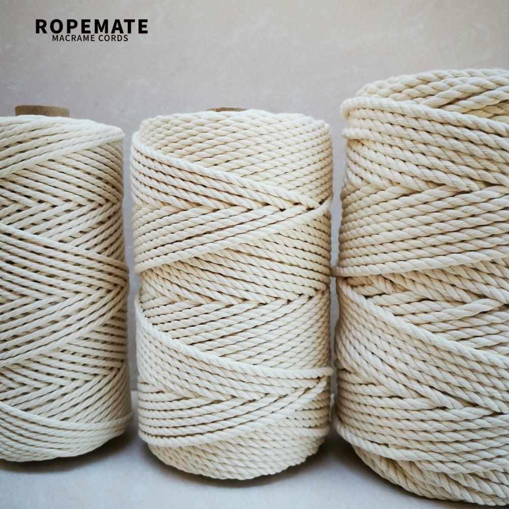 Ropemate premium blød bomuldssnor 3 mm 4mm 5mm 100m - 3- lags - naturlig farve til håndværk diy indretning