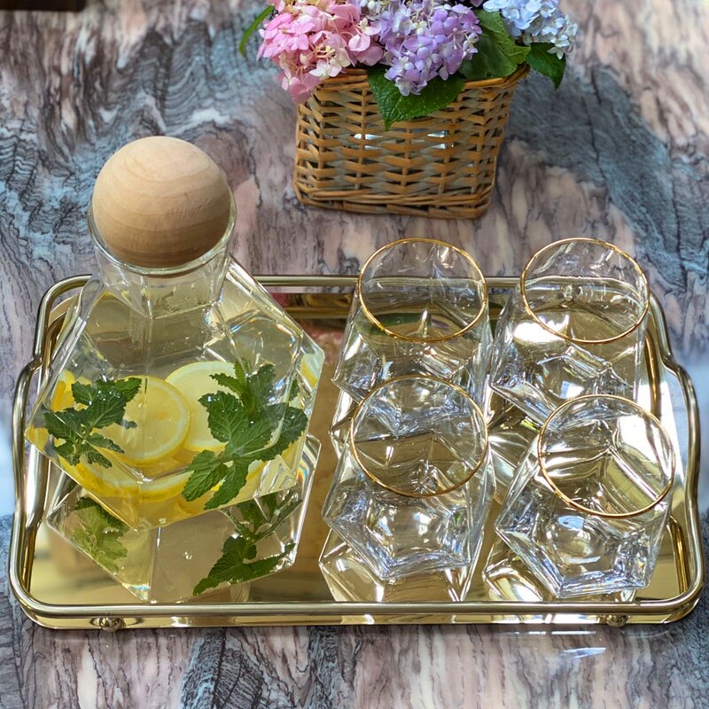 Geometrisk sekskantet vandkande glas kop bakke sæt gennemsigtig juice krukke hjem køkken drikke sæt vandflaske glas kopper