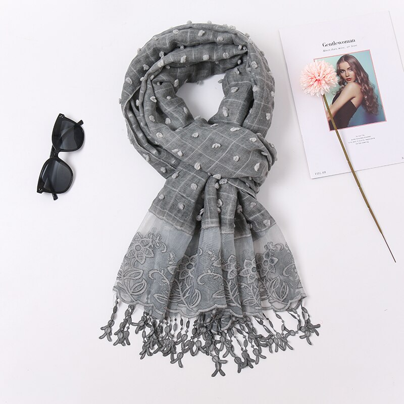 plaine Pom coton écharpe Plaid gland dentelle brodé coton foulards femmes musulman Hijab étoles femme bandeau à fleurs 1PC: 7
