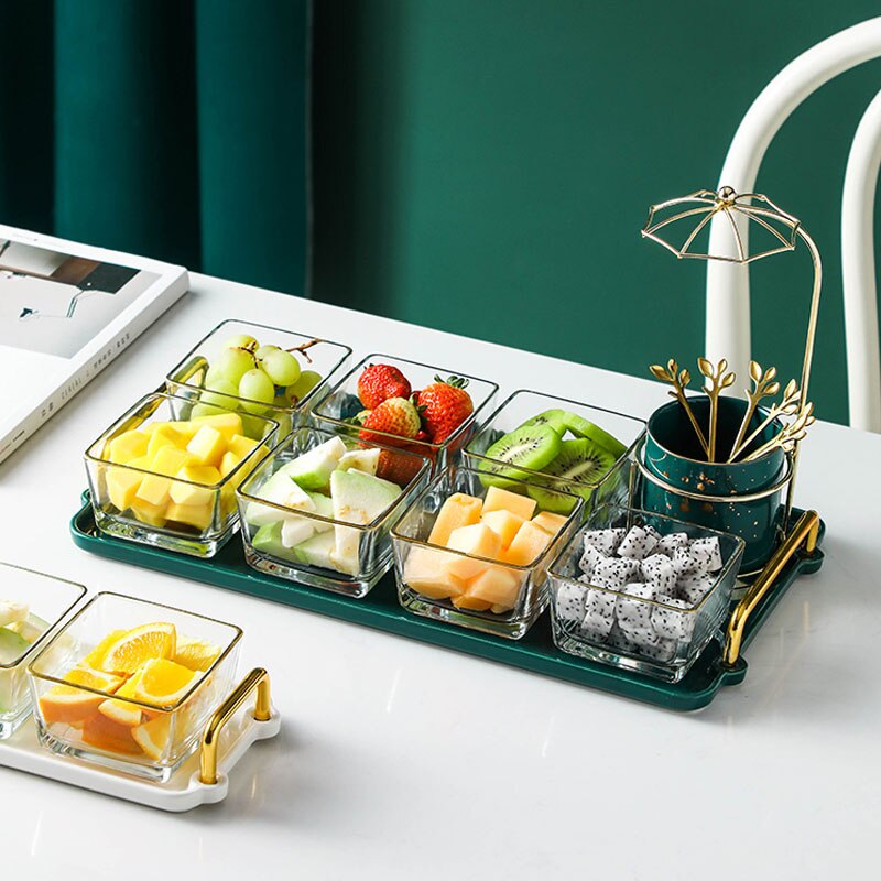 Plateau en verre doré, séparation des fruits secs, bol de séparation des aliments, plateaux décoratifs pour la maison, assaisonnement de cuisine, combinaison de vaisselle