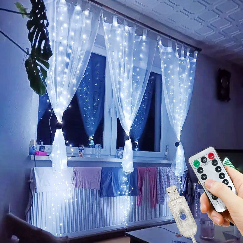 Cortina de luces LED con Control remoto, guirnalda de luces de hadas para decoración de dormitorio y sala de estar, USB, 8 modos, 3/6M: changeable / 51-60 W