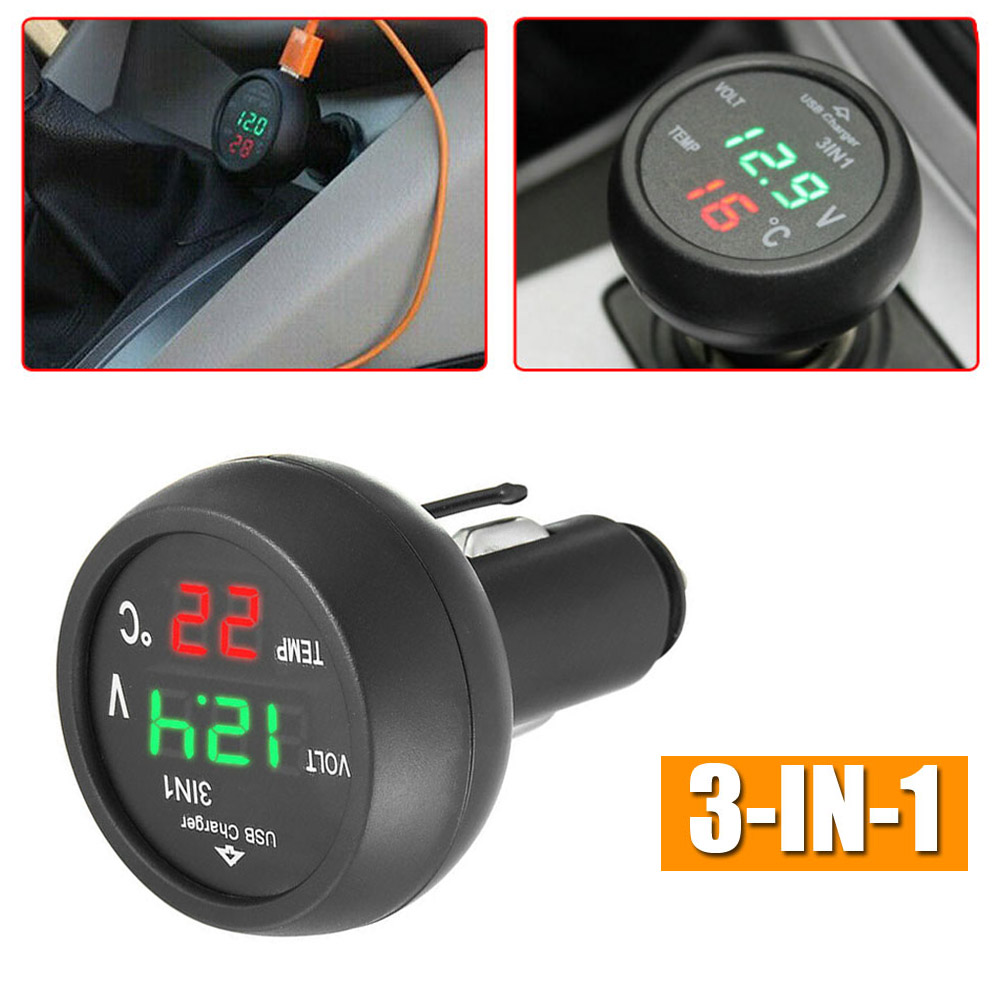 3 In 1 Digitale Led Auto Voltmeter Thermometer Auto Usb Lader 12V/24V Temperatuur Meter Voltmeter Sigaret lichter Accessoires