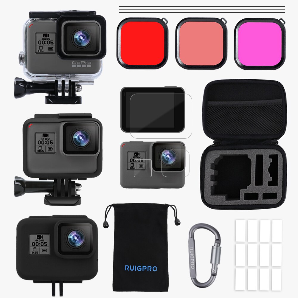 Para gopro acessórios conjunto go pro hero 7 6 5 kit caso eva filme temperado habitação à prova dwaterproof água filtro vermelho quadro silicone protetor: Set 4