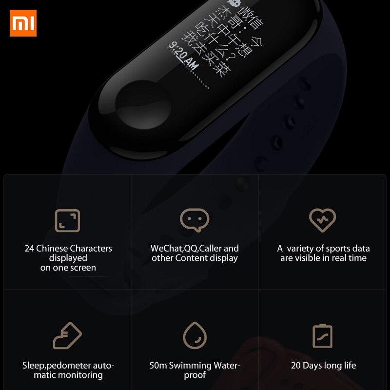 Originale Xiaomi Mi banda 3 Monitor di Frequenza Cardiaca di Bluetooth 4.2 Xaomi di Sport Intelligente Braccialetto OLED Miband 3 Smartband