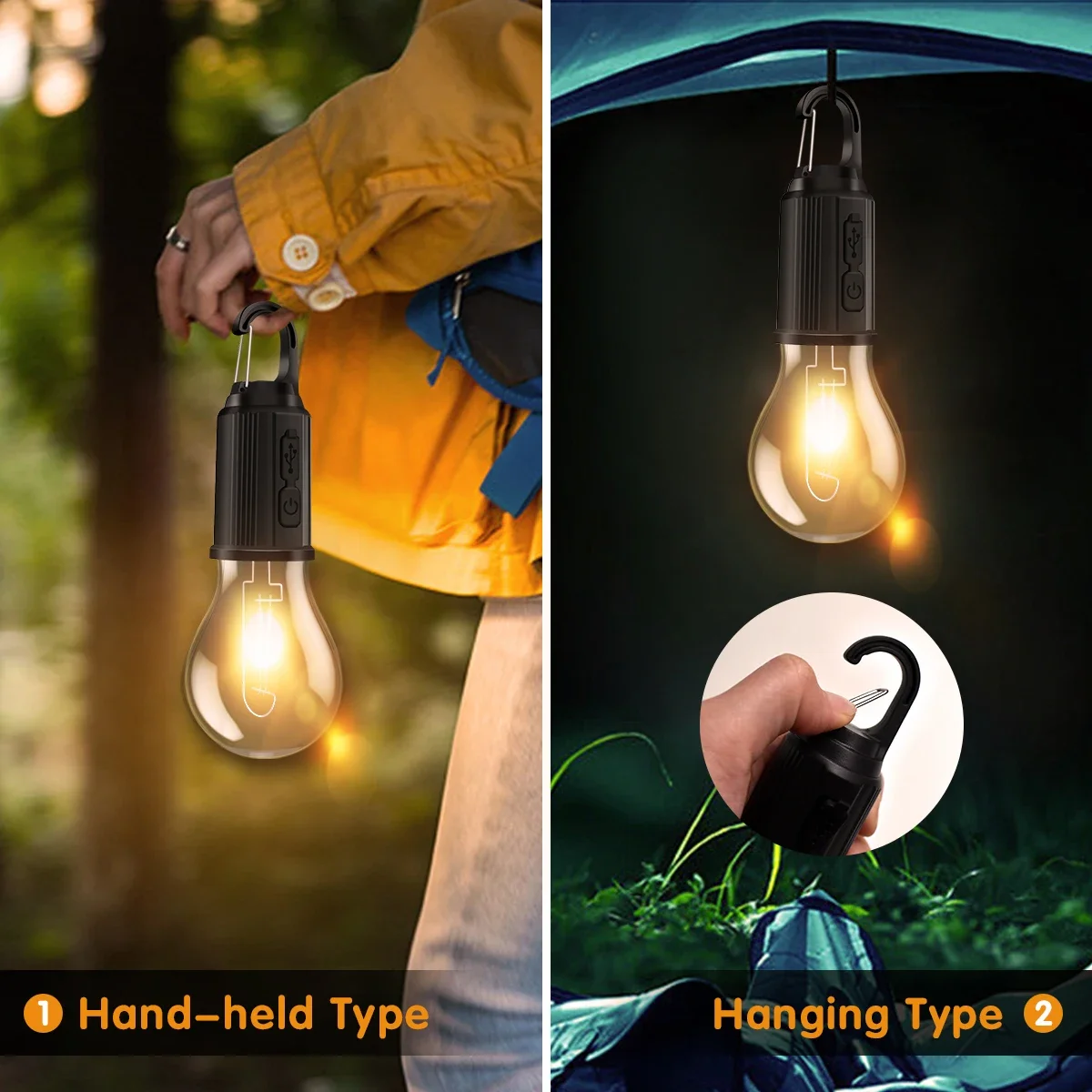 USB-kampeerlamp 3-verlichtingsmodus Oplaadbare lantaarn Waterdicht Hoog helder tentlicht met haak Nachtnoodverlichting voor buiten