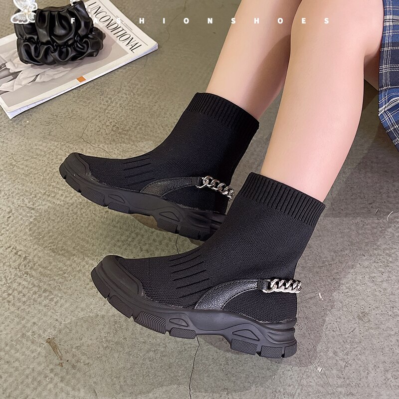 Autumn Kids Stretch Boots Baby Girls Slip On Sock Boots Black Casual Children&#39;s Sneakers Breathable High-top Shoes