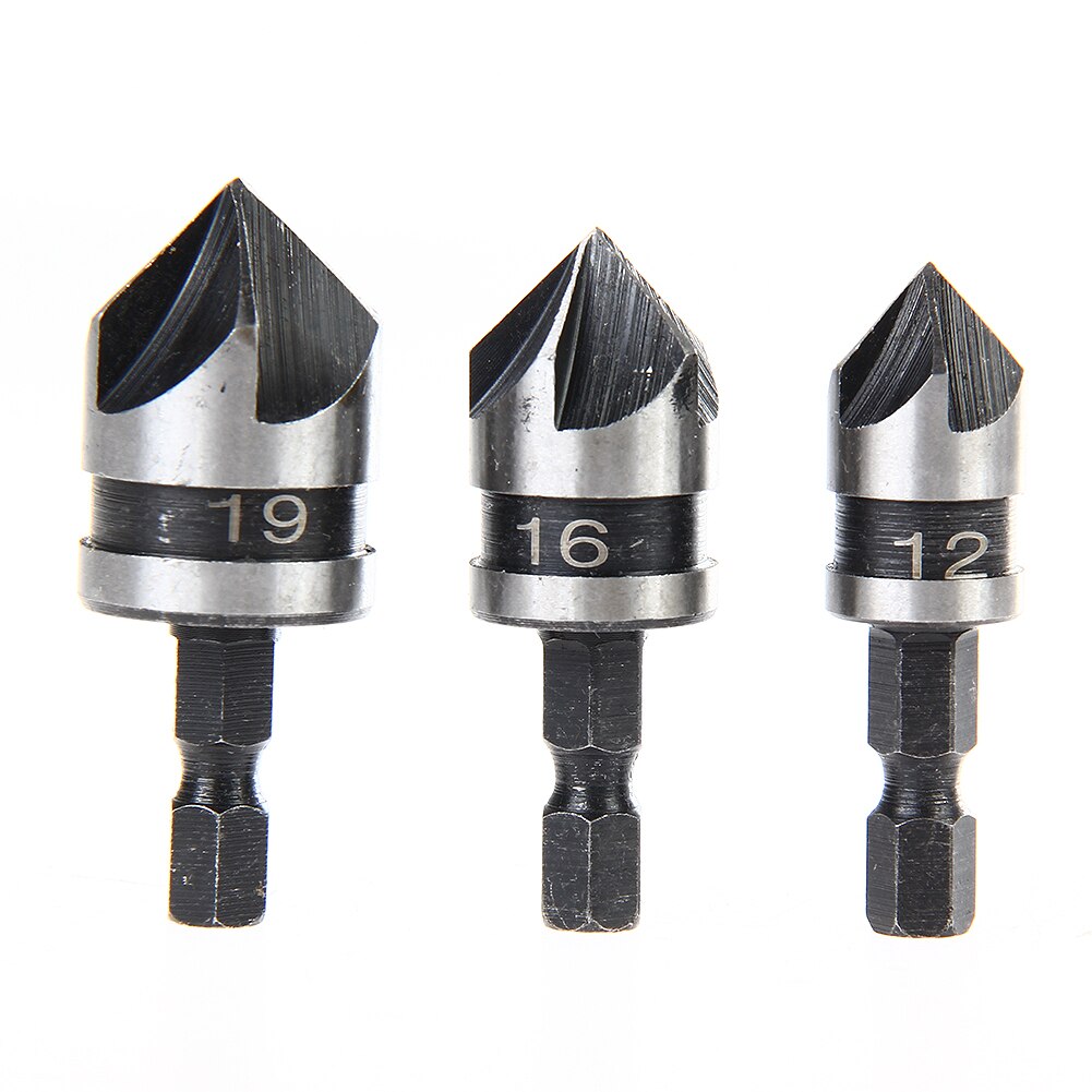 3PC1/4 Hex 5Flute 12-19mm Countersink Drill Bit for Wood Metal Quick Change Woodworking Chamfer Counter Sink Deburring Chamfer