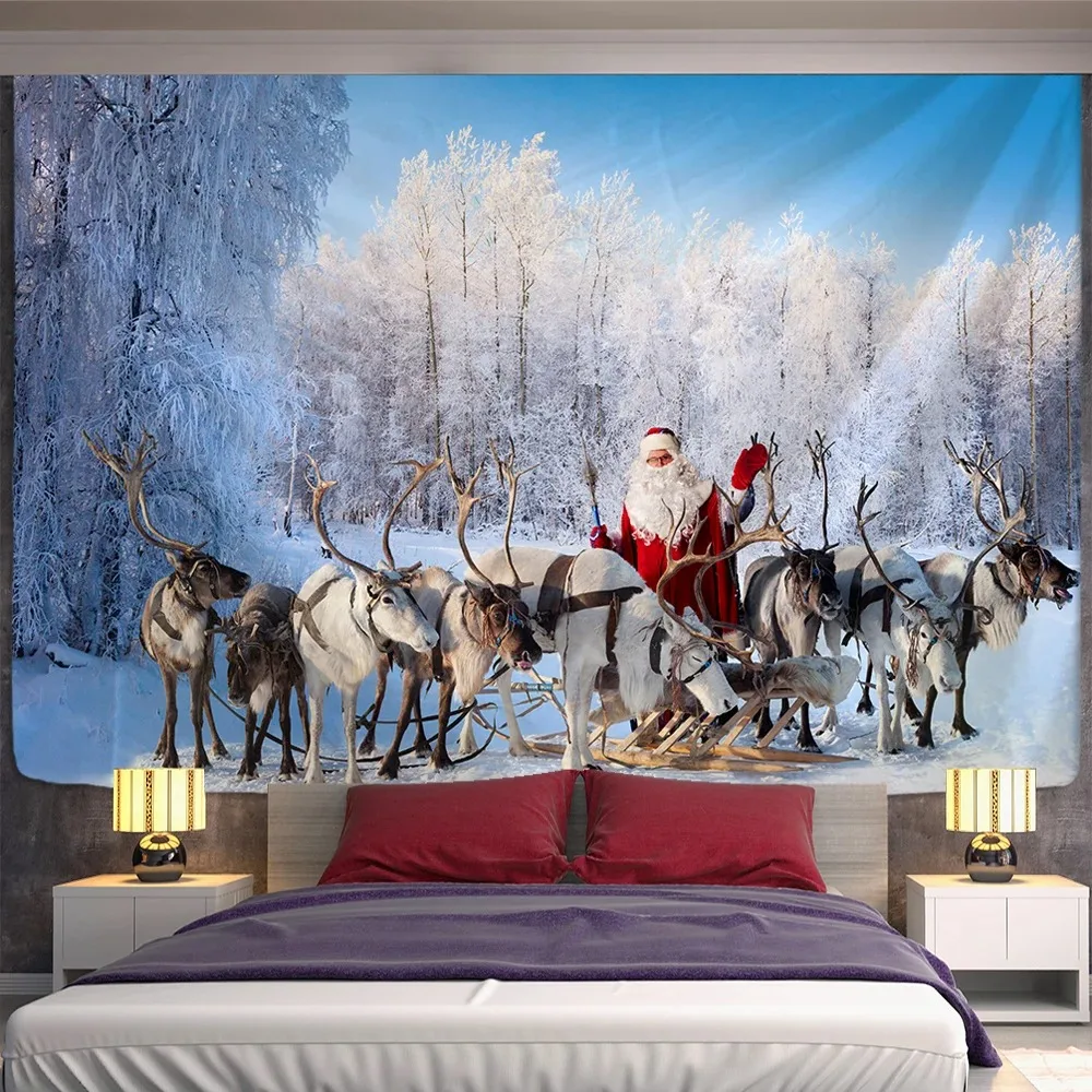 Tapisserie Scène Neige Noël - Polyester 100% Décoration Murale Chambre Salon: 200x170cm / Abricot