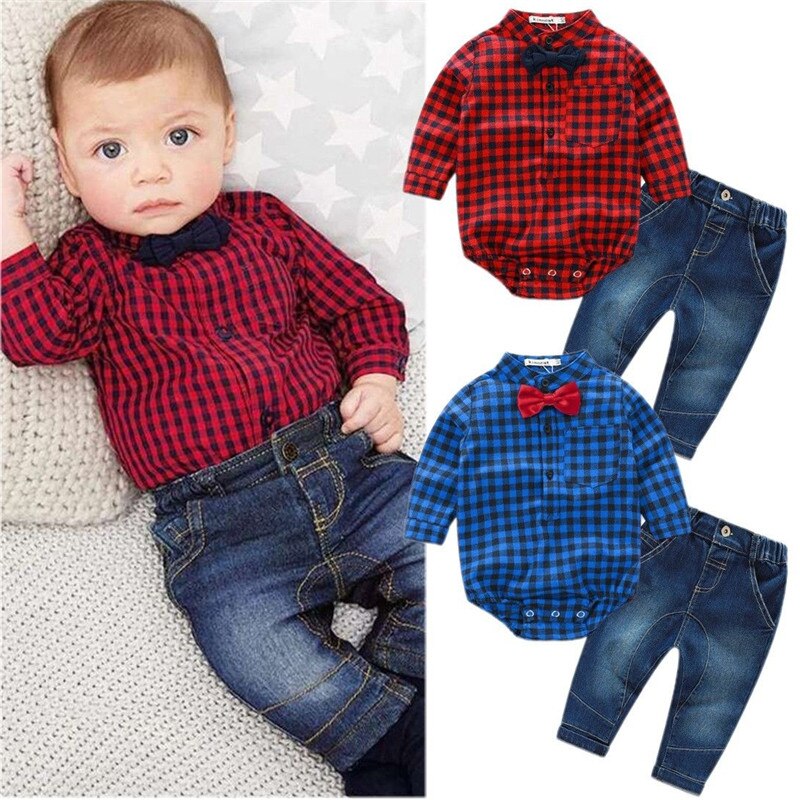 CANIS-Conjunto de ropa para niños recién nacidos, mono escocés, Tops, pantalones vaqueros, pantalones mallas conjuntos, traje Formal