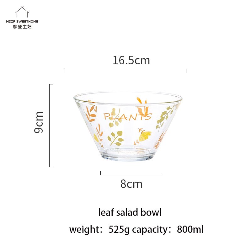 Mdzf 800ml frugt mønster glas salatskål frugt dessert nudler skål hjemme nordisk stil køkken suppe ris serverings skåle service: Blad