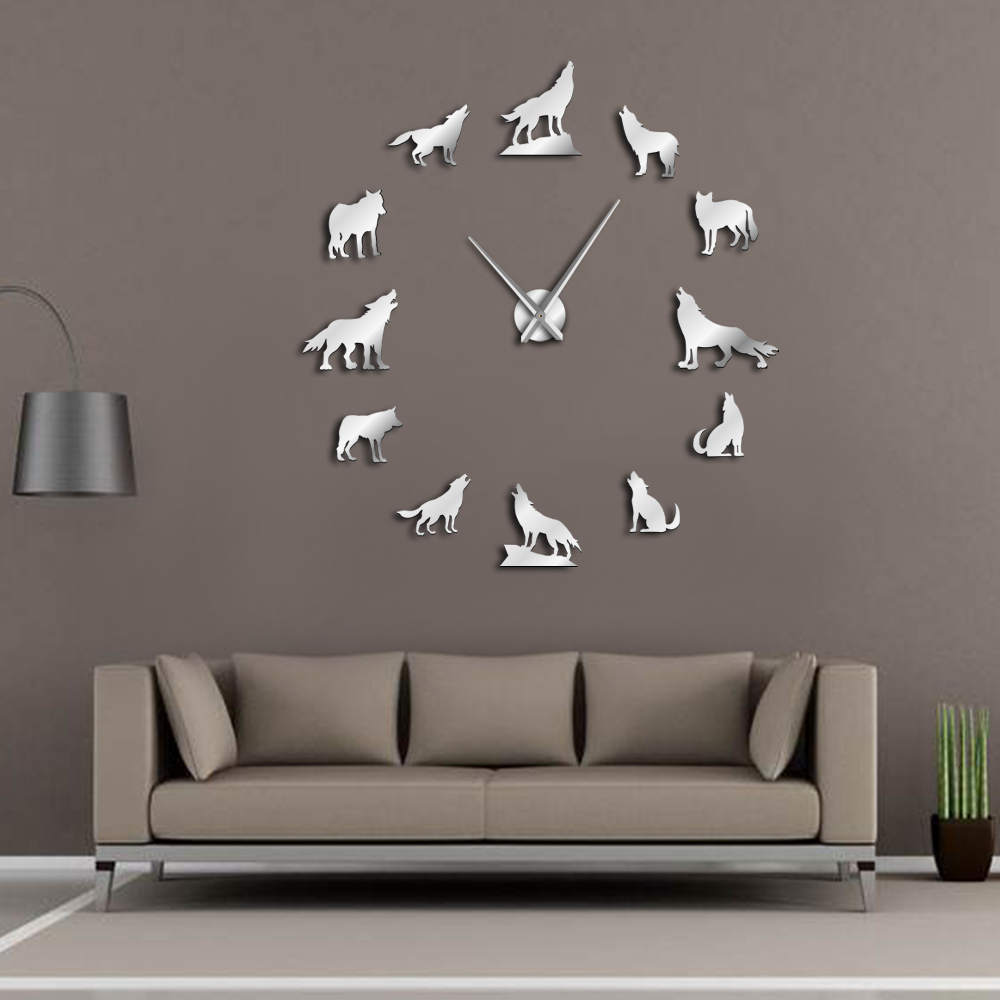 Howling Wolf 3D DIY Large Wall Clock Different Wolf Pose Frameless Wall Watch Clock Modern Home Decor Wolf Admirers