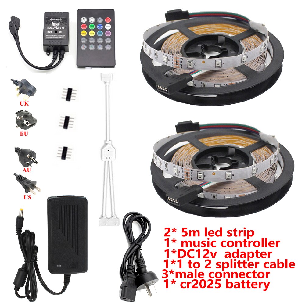 10M 5M RGB LED Strip Music Sound Sync 300 LEDs Color Changing SMD 2835 LED Strip Light Music IR Remote DC12V Power Adapter: 10m Full Set
