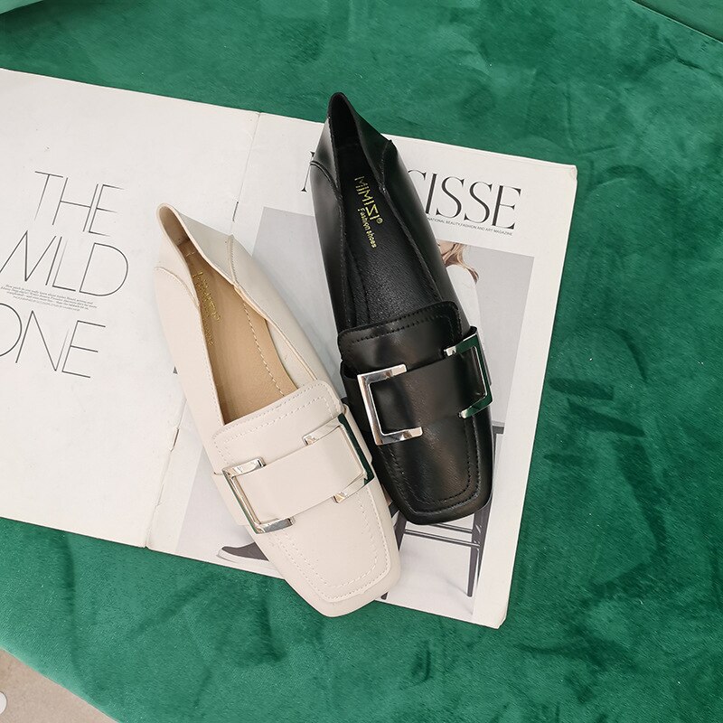 Dames ronde neus casual dames sneakers platte schoenen gesp ondiepe mond jurk oma vierkant basic rubber instappers flock effen