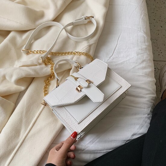 Kamienna skóra ekologiczna z wzorem jednokolorowe torebki Crossbody dla kobiet 2019 mini-łańcuch torba na ramię dama torebki: biały