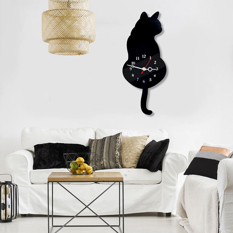 3d söta katt väggklocka vag svans tystnad heminredning barn svart
