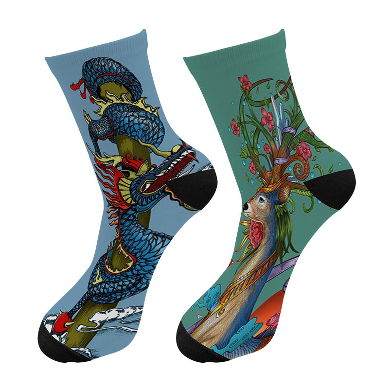 3D Printed Harajuku Japanese Ukiyoe Animals Paint Crew Socks Men Whale Deer Long Socks Phoenix Dragon Men&#39;s Dress Tube Socks