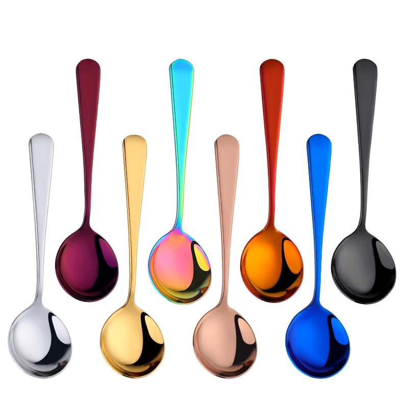 6/8/11Pcs Stainless Steel Soup Spoons Round Dessert Spoon 11 Colors Spoons Set Ice Cream Scoop Spoon In Party Dinnerset: Khaki