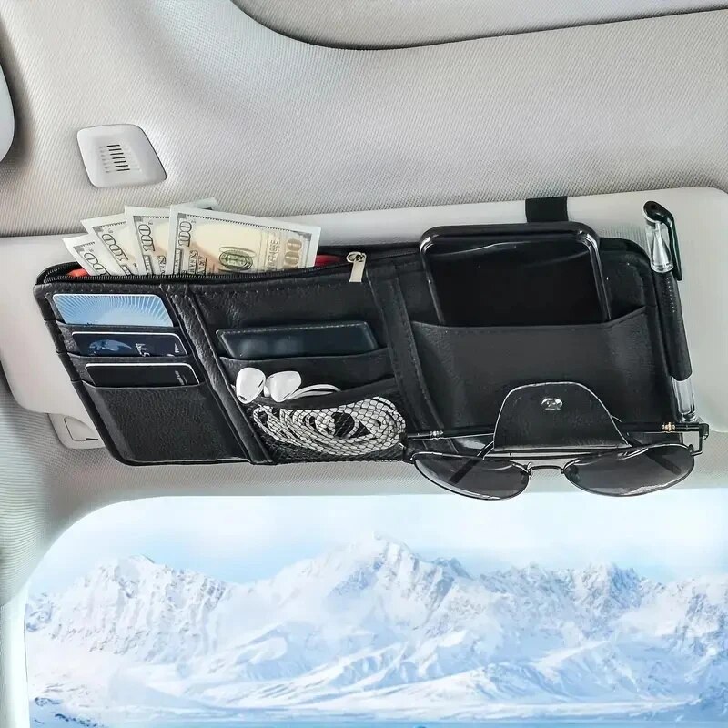 Organizador de viseira de sol para carro, suporte para celular, acessórios interiores de carro, bolso, armazenamento de cartão, suporte de montagem: Preto