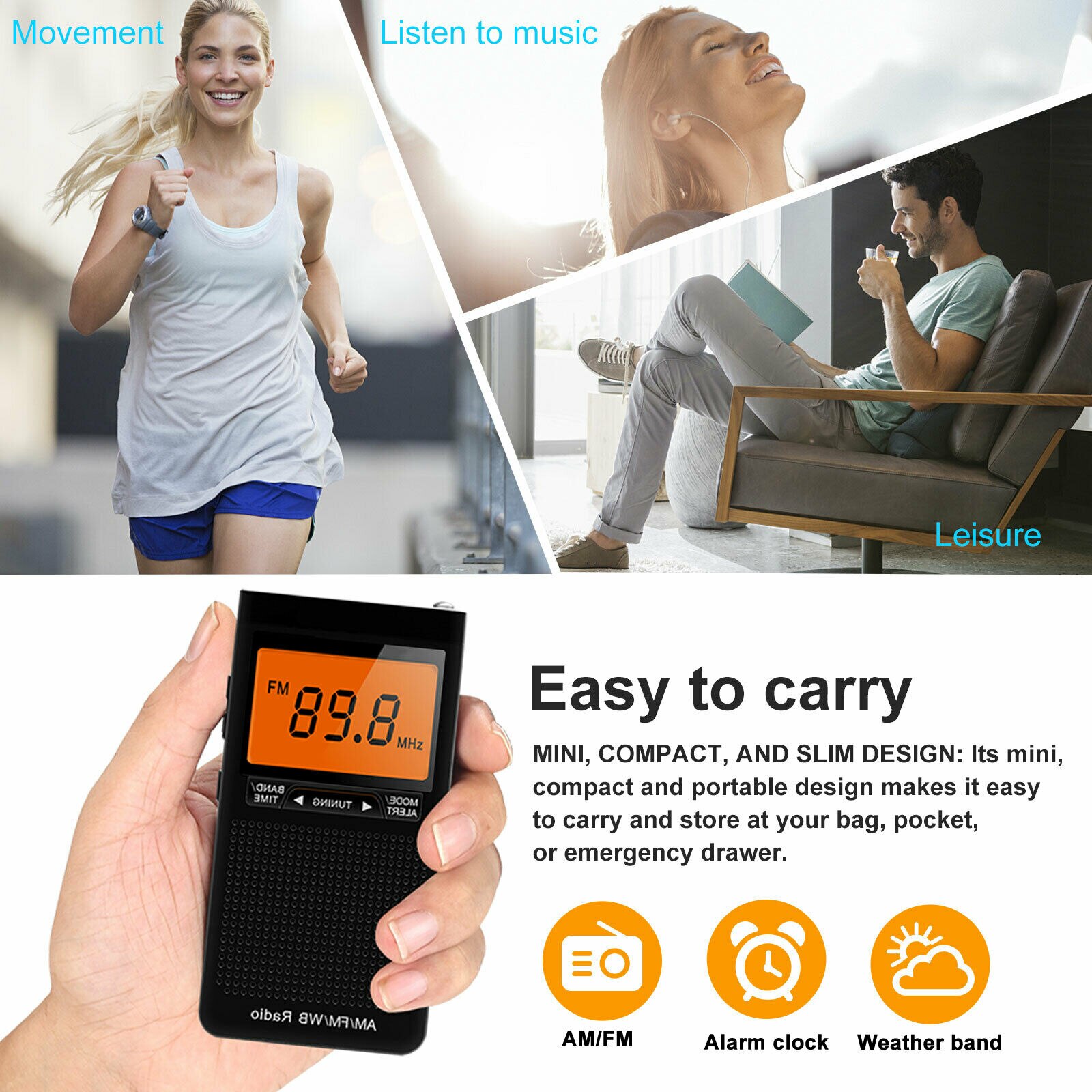 Mini AM FM Radio Portable Emergency Weather Radio Pocket Radio with Speaker Headphone Jack Alarm Clock NOAA AM FM Weather Radio