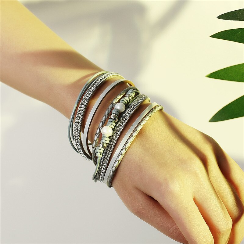 WENN MIR Jahrgang Simulierte Perle Stein Leder wickeln Armbinde für Frauen Männer Punk Reize mehrschichtig Magnet Schnalle Armbänder Schmuck