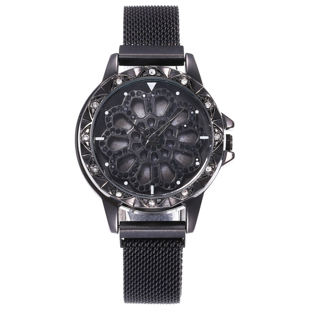 Horloge dames merk luxe 360 graden roterende diamant wijzerplaat horloges mesh magneet dameshorloge quartz klok relogio femino: Zwart