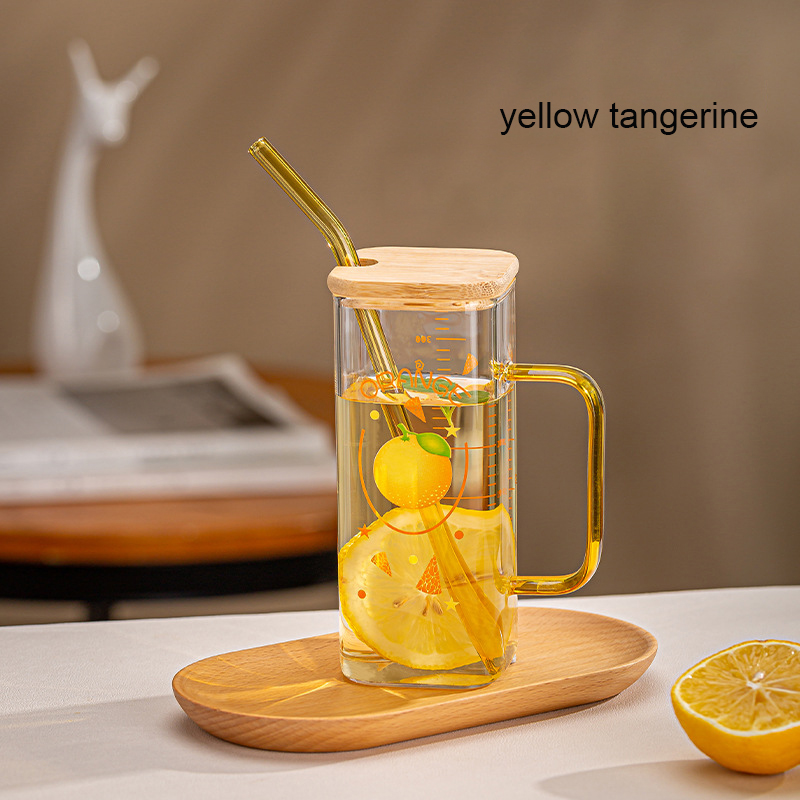 Taza de vidrio con pajita y báscula, vaso transparente con tapa y mango para café helado, taza para beber zumo, leche y té, 350ml: Verde militar