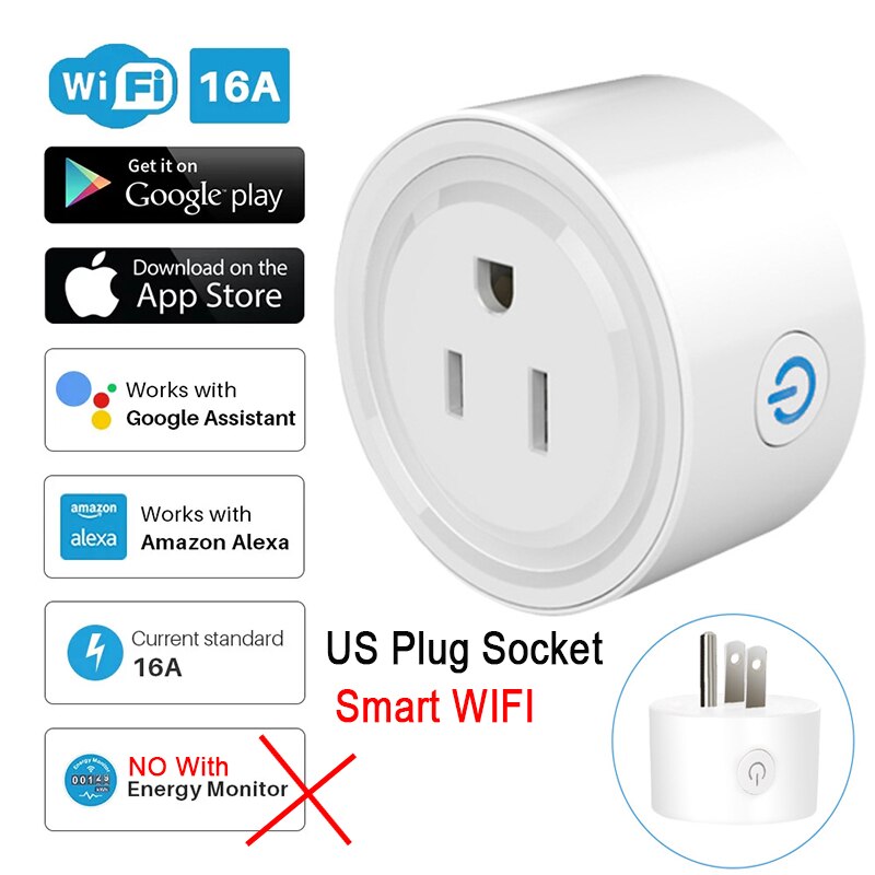 100-240V Wireless Smart Home Power Socket Remote Control Socket WiFi Smart Timer Plug EU US Plug 16A: US White