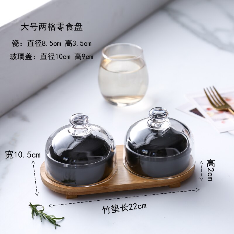Noord-europese keramische snackschaal, set van 3 met glazen deksel, vershoudschaal voor restaurant, huishouden, taart, dessertschaal: B --2 stuks--l