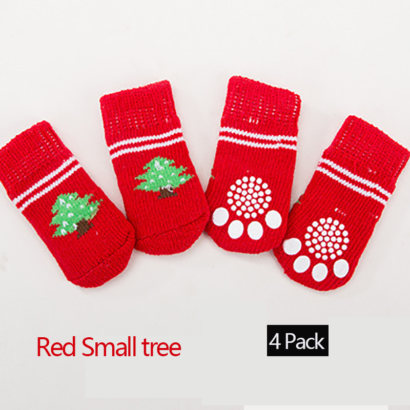 4 Pak Huisdier Sokken Antislip Bodem Puppy Hond Sokken Hond Voet Cover Teddy Poedel Katoenen Sokken voor Honden Sokken Bulldog: red tree / S