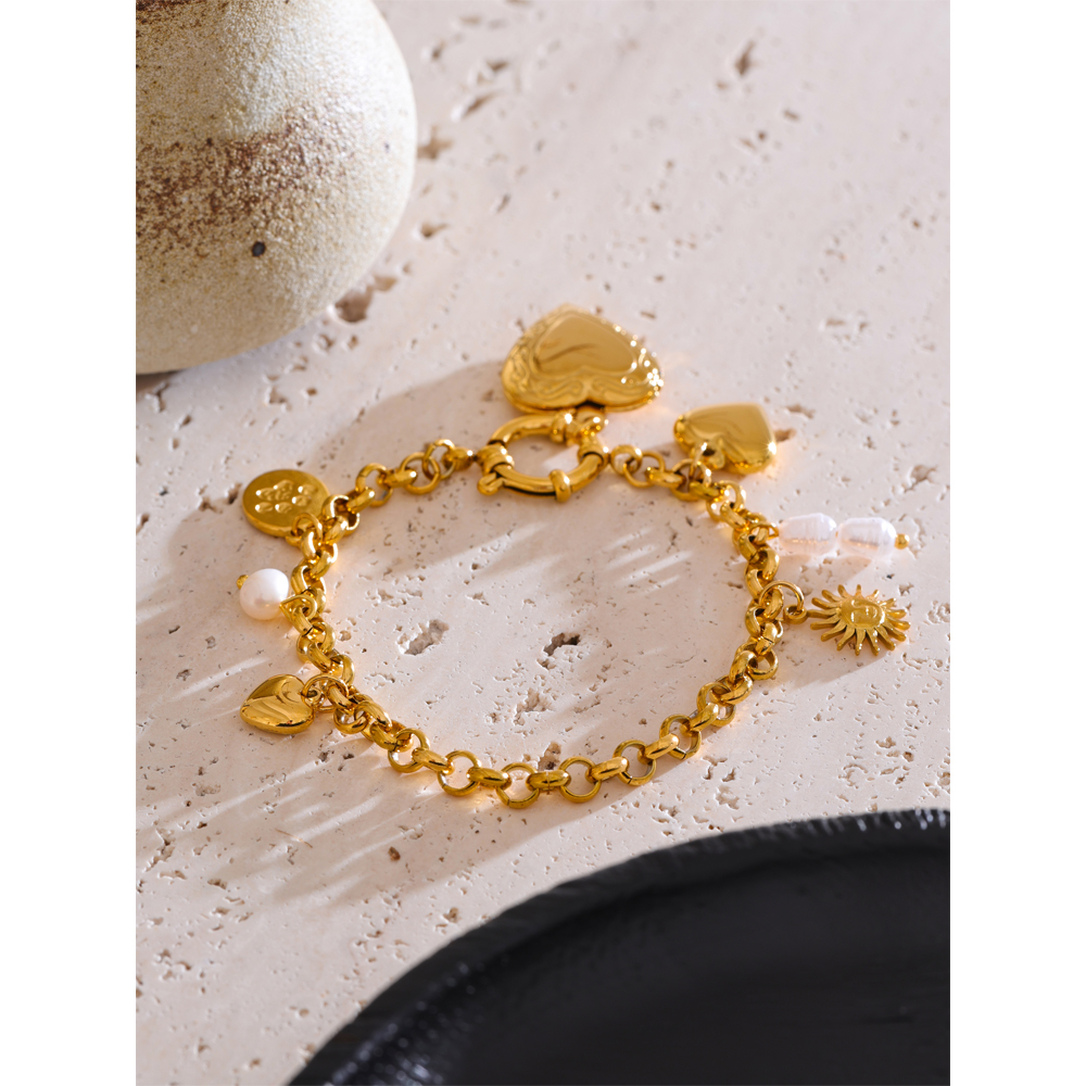 Yhpup 2025 perlas naturales foto familiar imagen corazón encantos gota pulsera de cadena brazalete joyería antialérgica de acero inoxidable