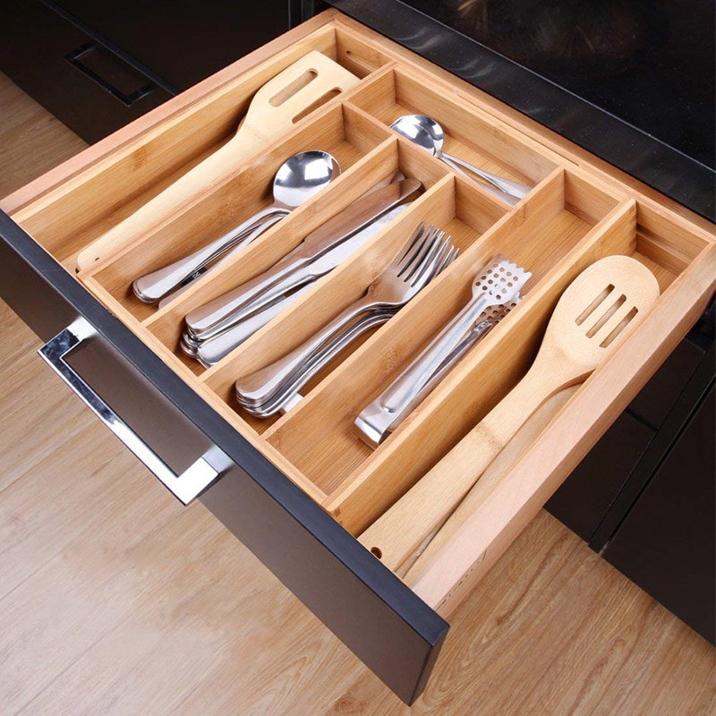 7-grids Kitchen Cutlery Storage Box Expandable Groceries Tray Bamboo Tools Drawer Organizer Multifunctional Cutlery Holder