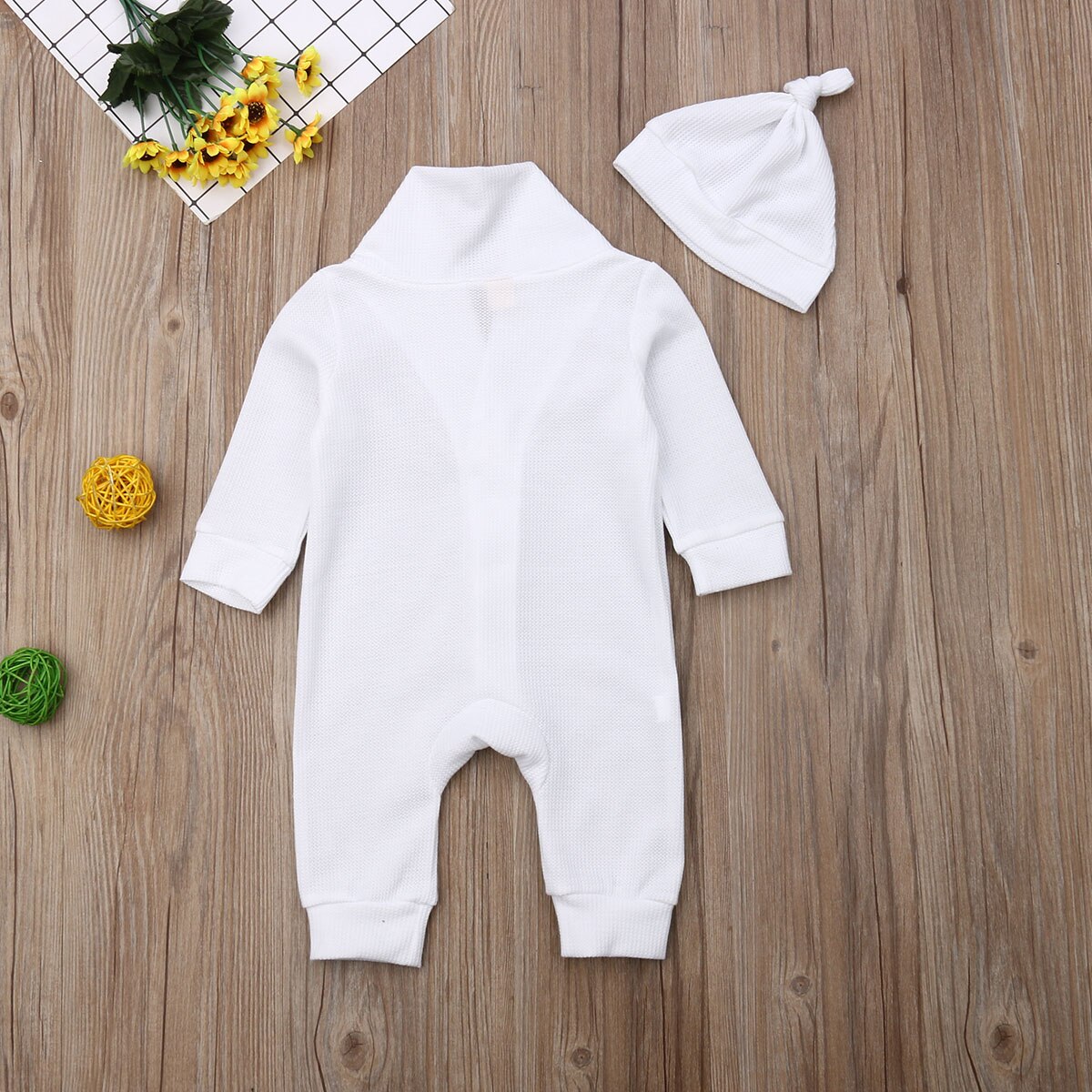 Baby Autumn Winter Clothing 0-18M Infant Baby Kid Boy Girl Knitted Romper Hat 2pcs Button White Single Breasted Jumpsuits