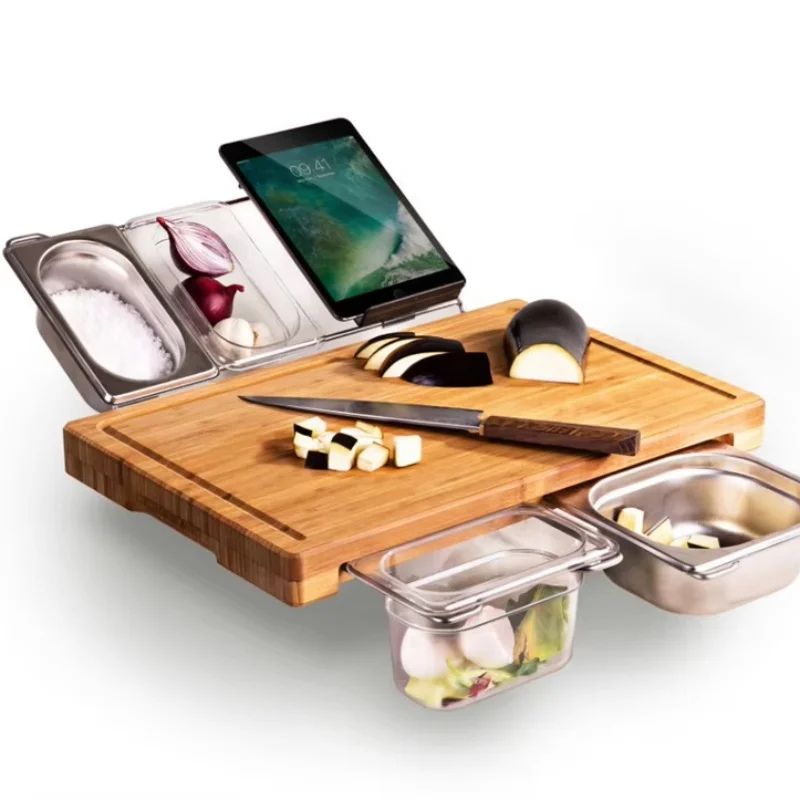 Bamboo Cutting Board for Kitchen, Wood Chopping Board, Bamboo Board with Tray, Chopping Board with Stainless Steel Juice Catcher