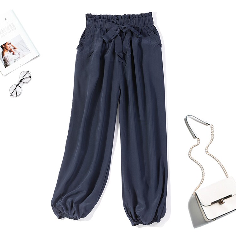 Pantalones de correr con cinturón de seda de morera auténtica para mujer, pantalones de cintura elástica, multicolor, JN134, 100%: navy