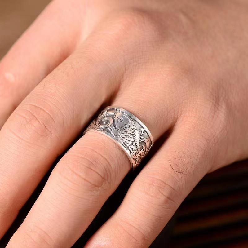 koi fish pattern opening ring men and women good luck heart sutra opening wearing jewelry кольцо мужское