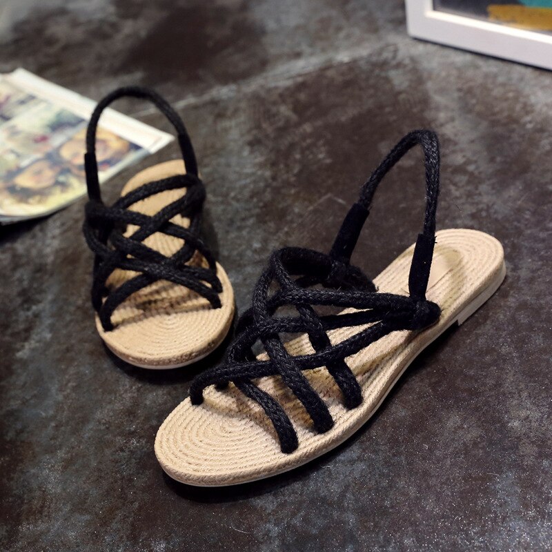 Reb sandaler kvinder sommer rom stil lejligheder sko hamp dame strand sko sandalias de mujer verano peep toe
